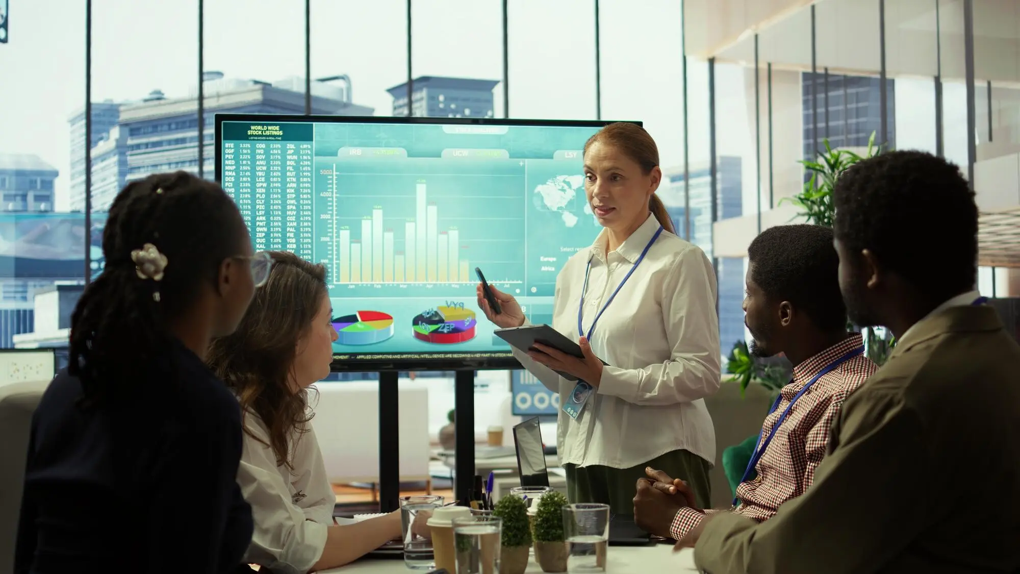 Business team discussing market data